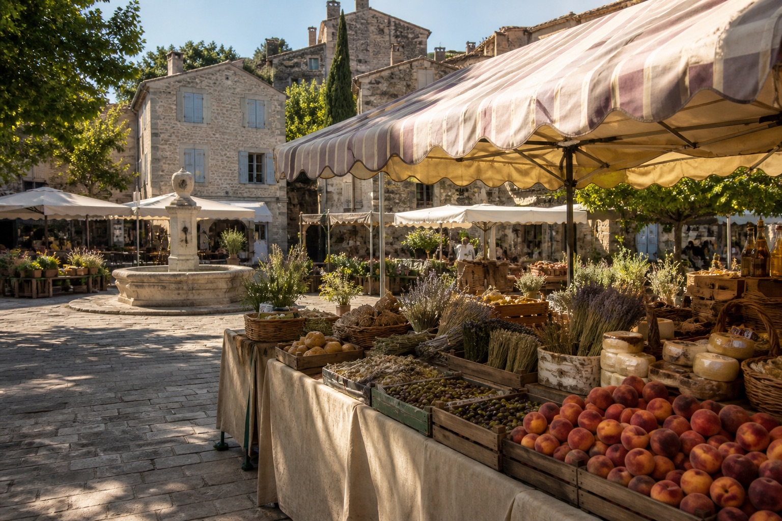 Marché provençal, fruits, fromages et auvents